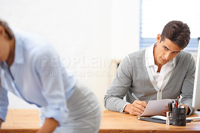 Buy stock photo Sexual harassment, businessman checking or body of employee in office working with coworker looking. Watch, spy problem or woman with toxic person or unprofessional male colleague or pervert peeping