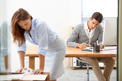 Buy stock photo Sexual harassment, businessman spying or body of employee in office working with coworker looking. Watch, lust problem or woman with toxic predator or unprofessional male colleague or pervert peeping