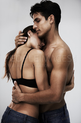 Buy stock photo Couple, body and hug with skin in studio, topless and sensual with tender moment on white background. People together for fashion or beauty with intimacy, wellness and embrace, love and romance