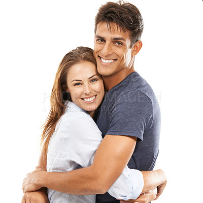 Buy stock photo Happy couple, portrait and hug in embrace for care, love or compassion against a white studio background. Handsome man and young woman smile for romance, affection or relationship together on mockup