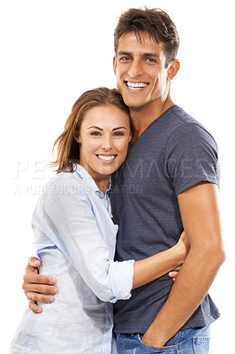 Buy stock photo Happy couple, portrait and hug in embrace for compassion, love or care against a white studio background. Handsome man and young woman smile for romance, affection or relationship together on mockup