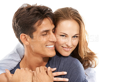 Buy stock photo Happy couple, face and hug for love, care or compassion in trust or embrace on a white studio background. Handsome man and young woman smile for romance, affection or relationship together on mockup