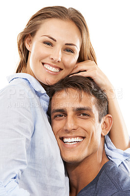 Buy stock photo Happy couple, portrait and hug for love, care or compassion in trust or embrace on a white studio background. Handsome man and woman smile for romance, affection or relationship together on mockup