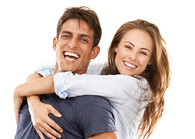 Buy stock photo Happy couple, portrait and hug for piggyback, care or love in support or compassion on a white studio background. Handsome man and woman smile enjoying back ride in romance, affection or fun together