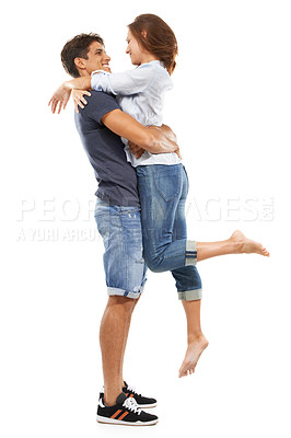 Buy stock photo Happy couple, hug and lifting for love, care or support in relationship on a white studio background. Man and woman smile in joy for embrace, marriage or affection together in trust on mockup space