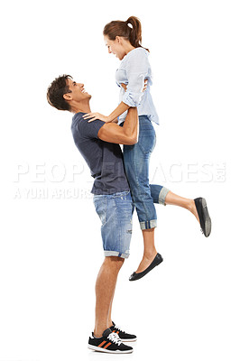 Buy stock photo Happy couple, hug and lifting for love, support or care in relationship on a white studio background. Man and woman smile in joy for embrace, marriage or affection together in trust on mockup space
