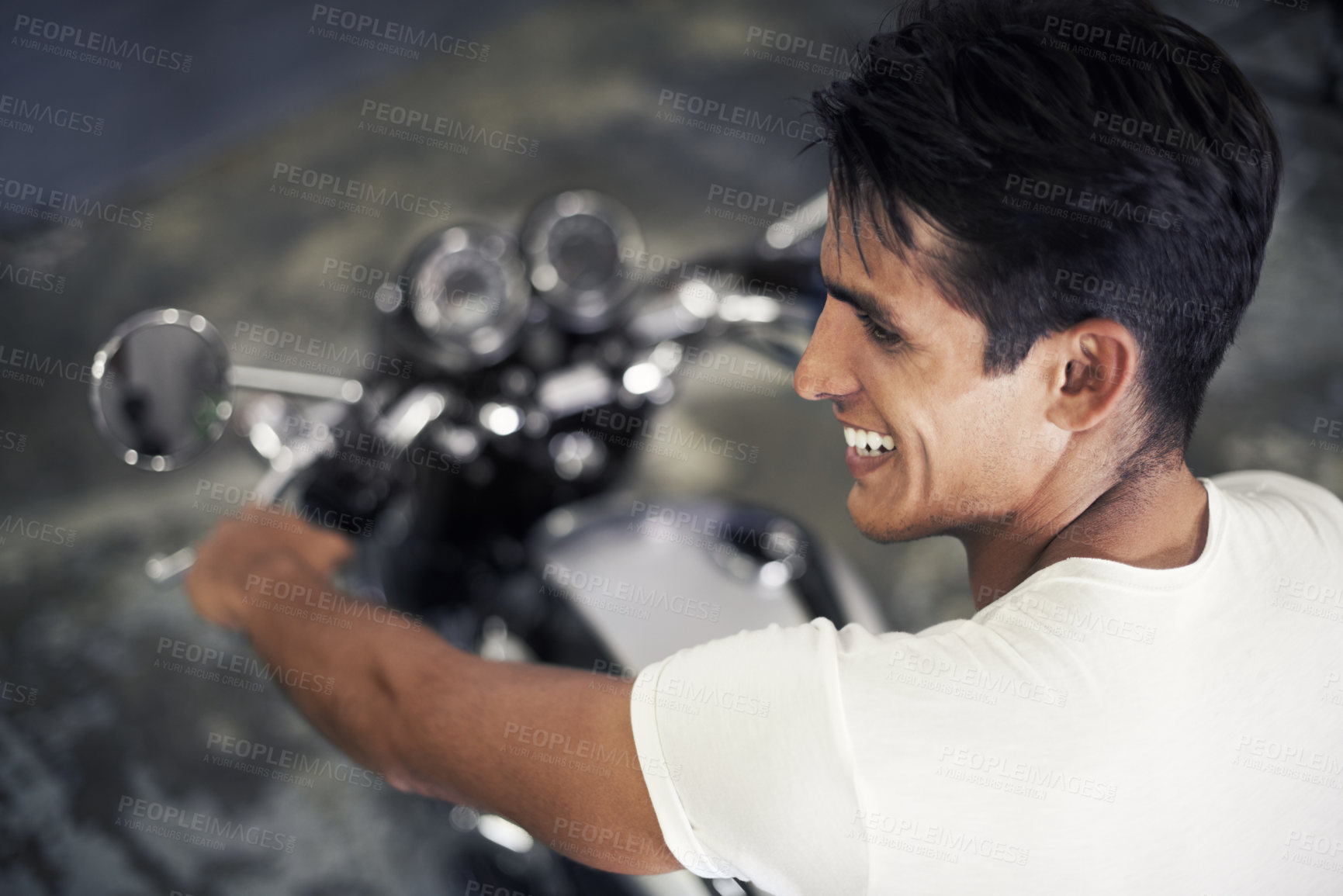 Buy stock photo Happy man, motorcycle and vehicle in garage for travel, transportation or road trip adventure. Young handsome male person or biker smile for cool automobile or ownership of mechanical motorbike