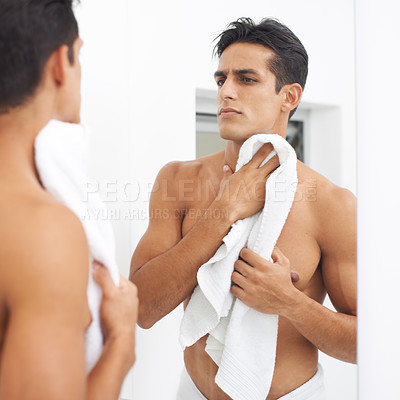 Buy stock photo Man, shower and towel after washing in mirror, cleaning and skincare or beauty and cosmetic. Male person, bathroom and wellness in morning routine, reflection and grooming or self care and home