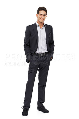Buy stock photo Full length portrait of a confident young businessman standing with his hands in his pockets