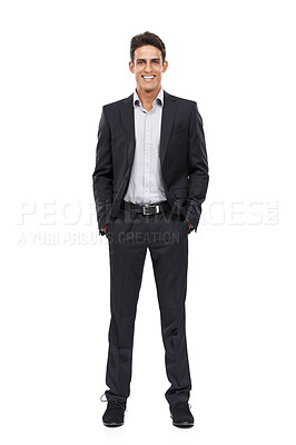 Buy stock photo Full length portrait of a happy young businessman standing with his hands in his pockets