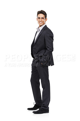 Buy stock photo Man, suit and smile for portrait, confident and professional on white studio background. Businessman, young and ready for career, entrepreneur and employer for startup, mockup space and corporate
