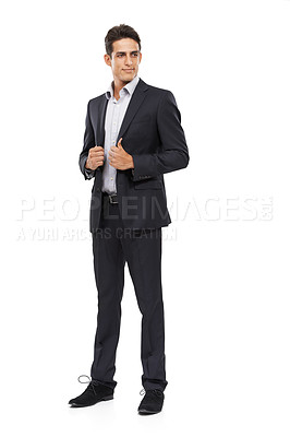 Buy stock photo Businessman, suit and thinking for future, confident and professional on white studio background. Man, young and ready for career, entrepreneur and employer for startup, mockup space and corporate
