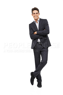 Buy stock photo Businessman, suit and happy for portrait, confident and professional on white studio background. Man, young and ready for career, entrepreneur and employer for startup, mockup space and corporate
