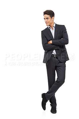 Buy stock photo Businessman, suit and formal for employee, confident and professional on white studio background. Man, young and ready for career, entrepreneur and employer for startup, mockup space and corporate
