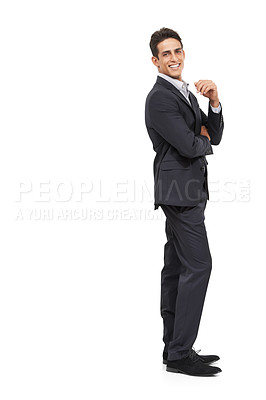 Buy stock photo Full length portrait of a handsome young businessman with his back towards copyspace