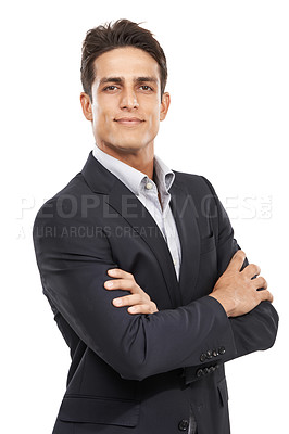 Buy stock photo Business man, arms crossed and professional portrait with confident investment banker isolated on white background. Corporate career, finance consultant in a suit and pride with ambition in a studio