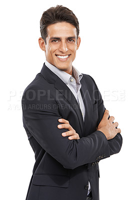 Buy stock photo Businessman, arms crossed and smile for portrait, confident and professional on white studio background. Man, young and ready for career, face and employer for startup, mockup space and corporate
