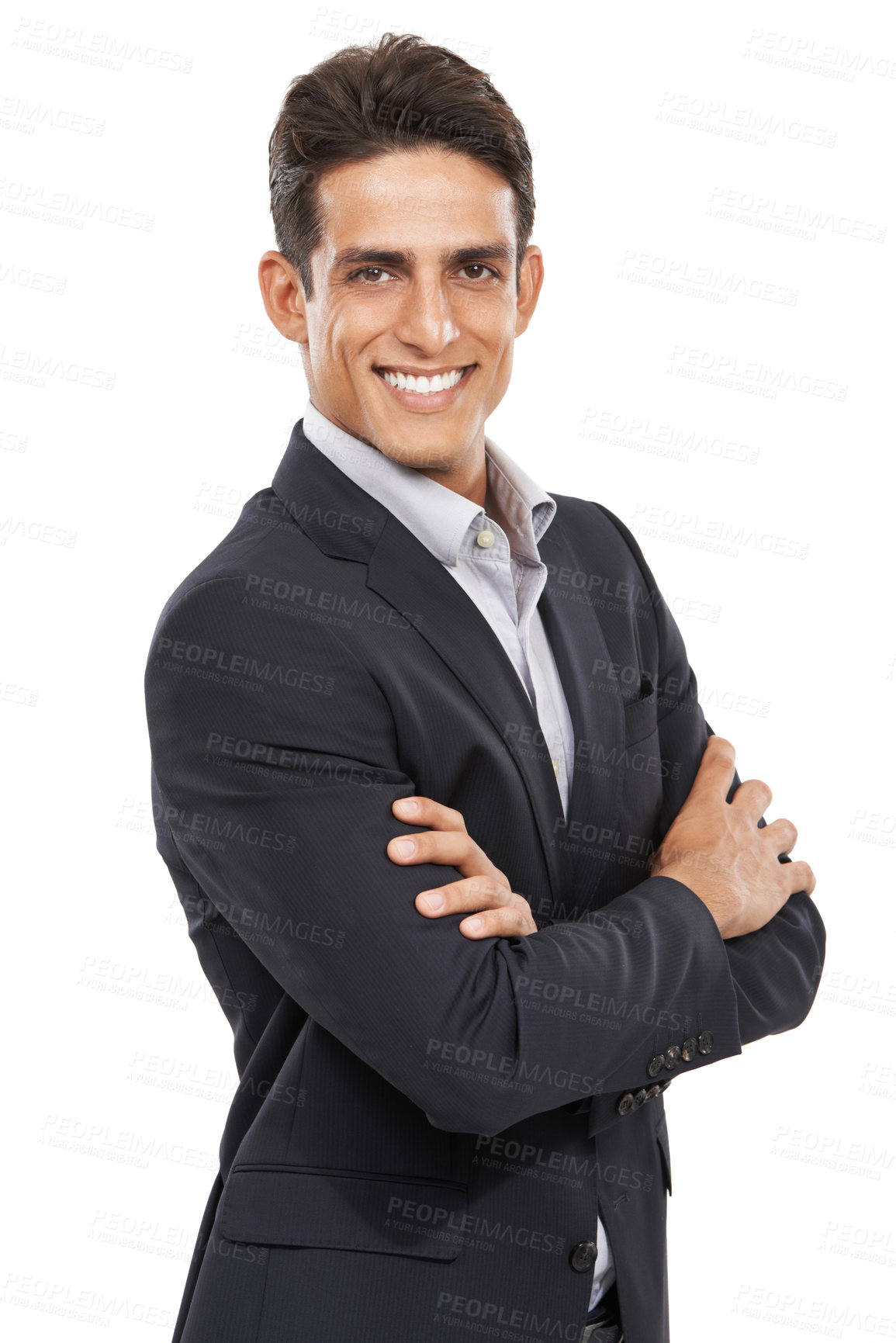 Buy stock photo Businessman, arms crossed and smile for portrait, confident and professional on white studio background. Man, young and ready for career, face and employer for startup, mockup space and corporate
