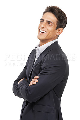 Buy stock photo Businessman, arms crossed and smile for job, confident and professional on white studio background. Man, young and ready for career, entrepreneur and employer for startup, mockup space and corporate
