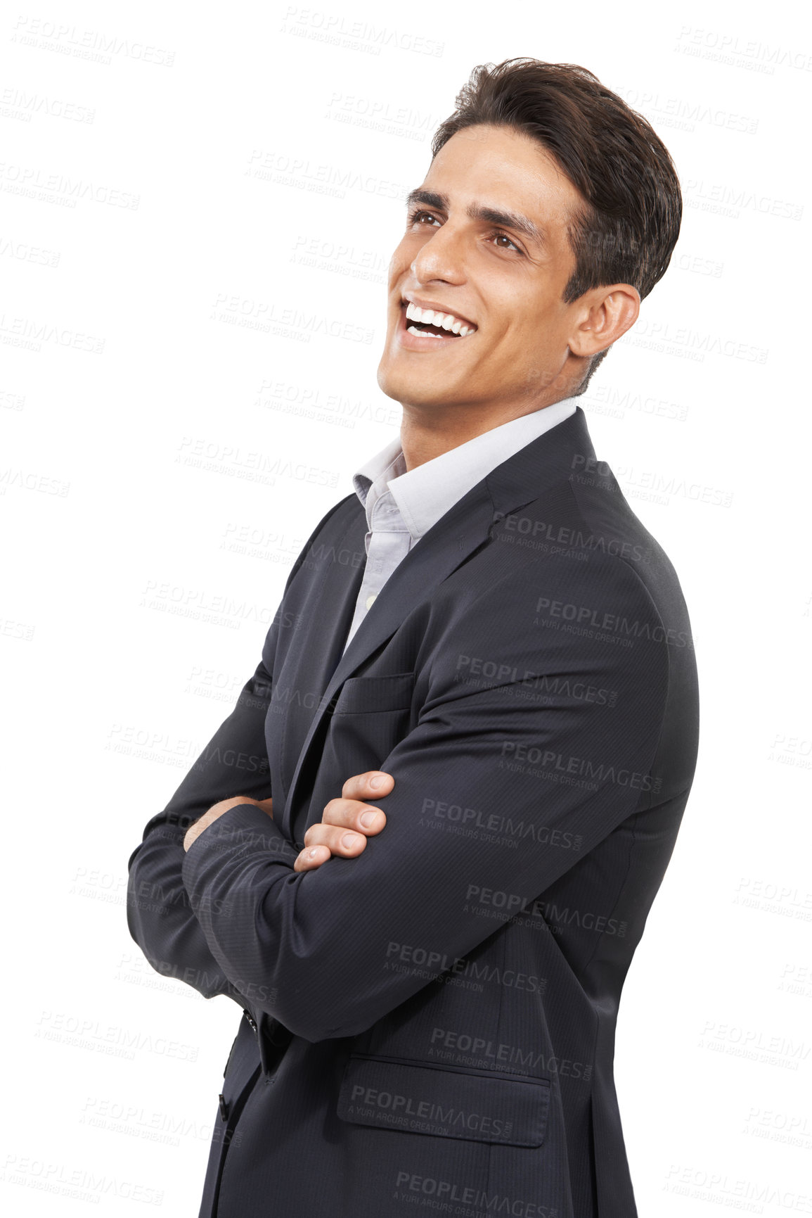 Buy stock photo Businessman, arms crossed and smile for job, confident and professional on white studio background. Man, young and ready for career, entrepreneur and employer for startup, mockup space and corporate
