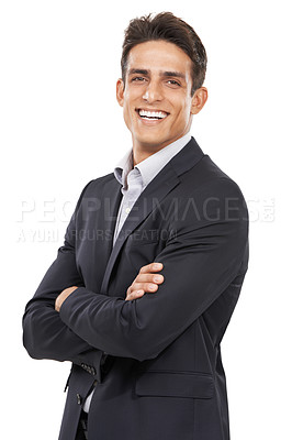 Buy stock photo Businessman, arms crossed and smile for portrait, confident and professional on white studio background. Man, young and ready for career, job and employer for startup, mockup space and corporate
