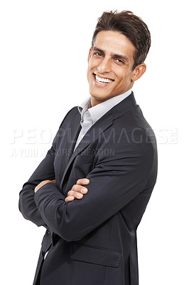 Buy stock photo Businessman, arms crossed and smile for portrait, confident and professional on white studio background. Man, young and ready for career, suit and employer for startup, mockup space and corporate
