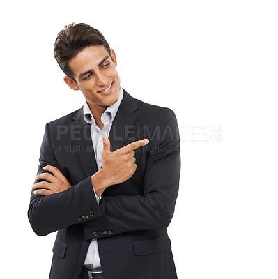 Buy stock photo Businessman, pointing and smile for portrait, confident and professional on white studio background. Man, young and ready for career, suit and employer for startup, mockup space and corporate

