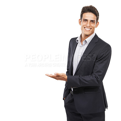 Buy stock photo Business man, show presentation and mockup space with smile in portrait, advertising and communication in studio. Corporate opportunity, offer with information or announcement in studio for marketing