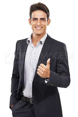 Buy stock photo Business man, thumbs up in portrait and agreement in studio, yes vote or review with emoji on white background. Corporate professional, communication and feedback with hand gesture for thank you