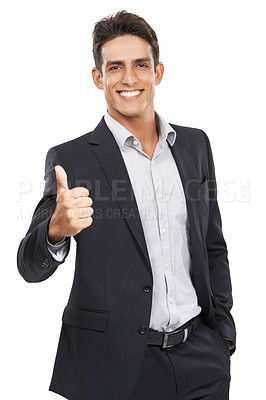 Buy stock photo Business man, thumbs up in portrait and success in studio, yes vote or review with like emoji on white background. Corporate professional, communication and feedback with hand gesture for agreement