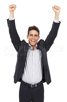 Buy stock photo Business man, arms up for celebration or bonus at work, professional success and smile in portrait on white background. Happy corporate employee, achievement and cheers with fist pump for winning