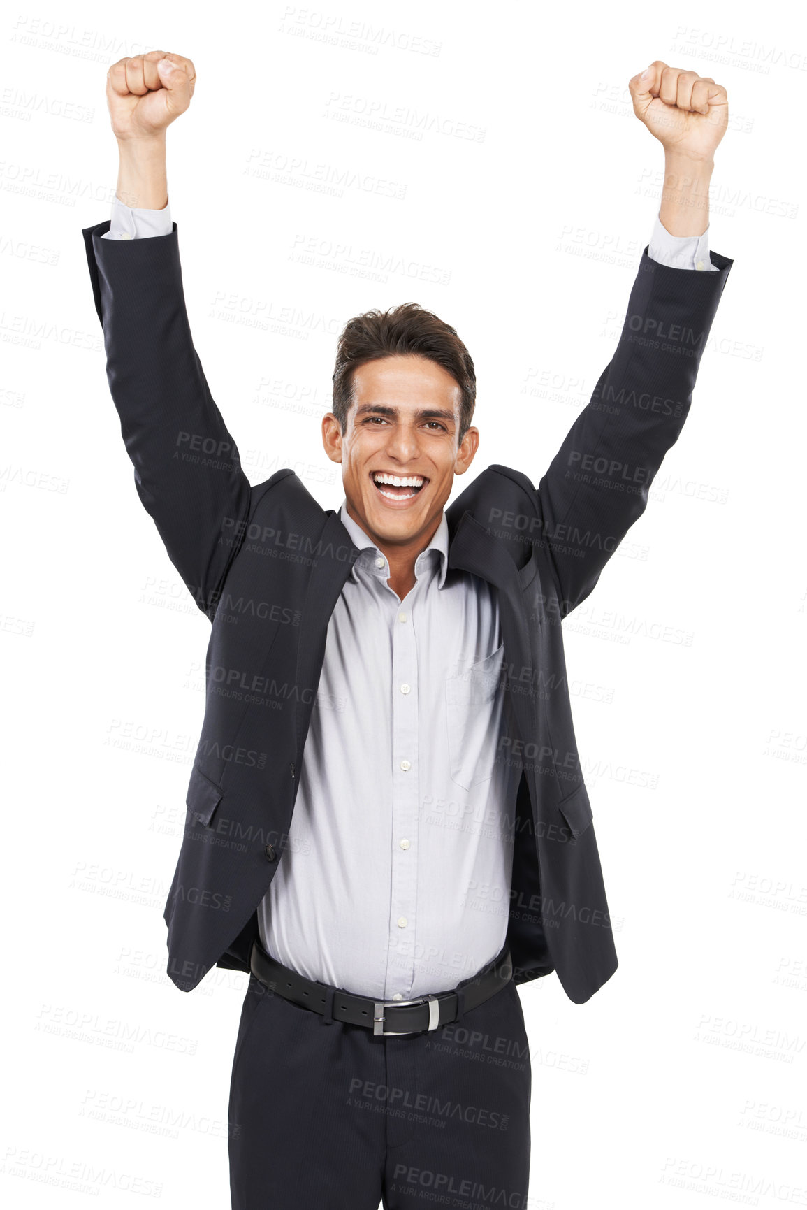 Buy stock photo Business man, arms up for celebration or bonus at work, professional success and smile in portrait on white background. Happy corporate employee, achievement and cheers with fist pump for winning
