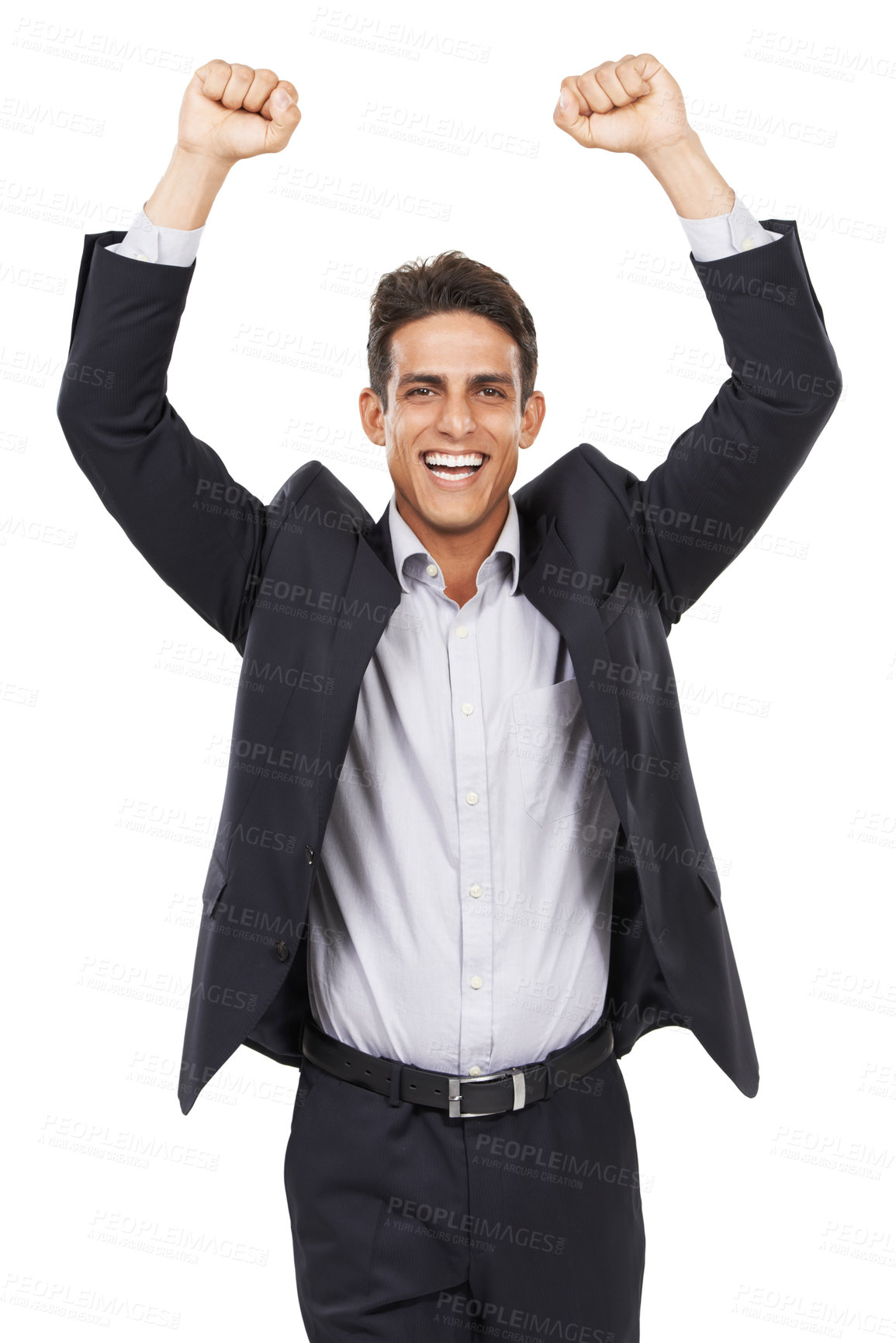 Buy stock photo Business man, arms raised for celebration or bonus at work, professional success and smile in portrait on white background. Happy corporate employee, achievement and cheers with fist pump for winning