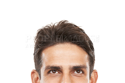 Buy stock photo Man, eyes and thinking with mockup space, ideas or brainstorming with vision on white background. Planning, future and decision with wonder, question for problem solving or solution in studio