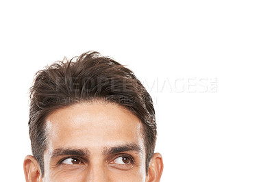Buy stock photo Man, eyes and thinking with mockup space, brainstorming or ideas with vision on white background. Planning, future and decision with wonder, question for problem solving or solution in studio