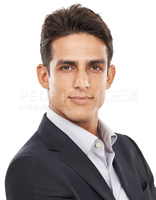 Buy stock photo Businessman, suit and worker for portrait, confident and professional on white studio background. Man, young and ready for career, entrepreneur and employer for startup, mockup space and corporate
