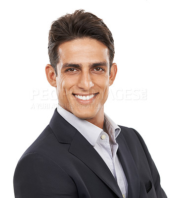 Buy stock photo Businessman, worker and smile for portrait, confident and professional on white studio background. Man, young and ready for career, about us and employer for startup, mockup space and corporate
