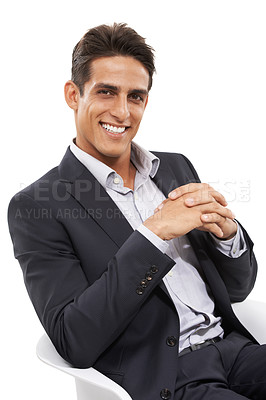 Buy stock photo Businessman, employee and smile for portrait, confident and professional on white background. Consultant, young and suit for career, financial clerk and man for startup, mockup space and corporate
