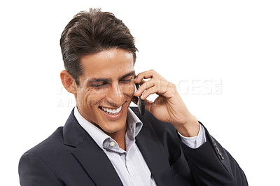 Buy stock photo Business man, phone call and communication, networking and connection for discussion on white background. Corporate contact, chat or talk with happy professional in studio, deal negotiation and smile