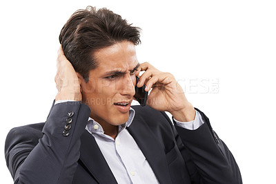 Buy stock photo Business man, confused or mistake with phone call, deal negotiation fail and networking on white background. Connection, worried professional and scratch head for crisis and communication in studio