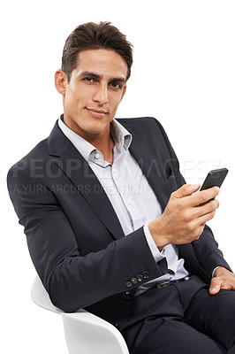 Buy stock photo Business man, phone and communication, networking and connection with smile in portrait on white background. Corporate contact, chat or email with mobile app, internet search and technology in studio