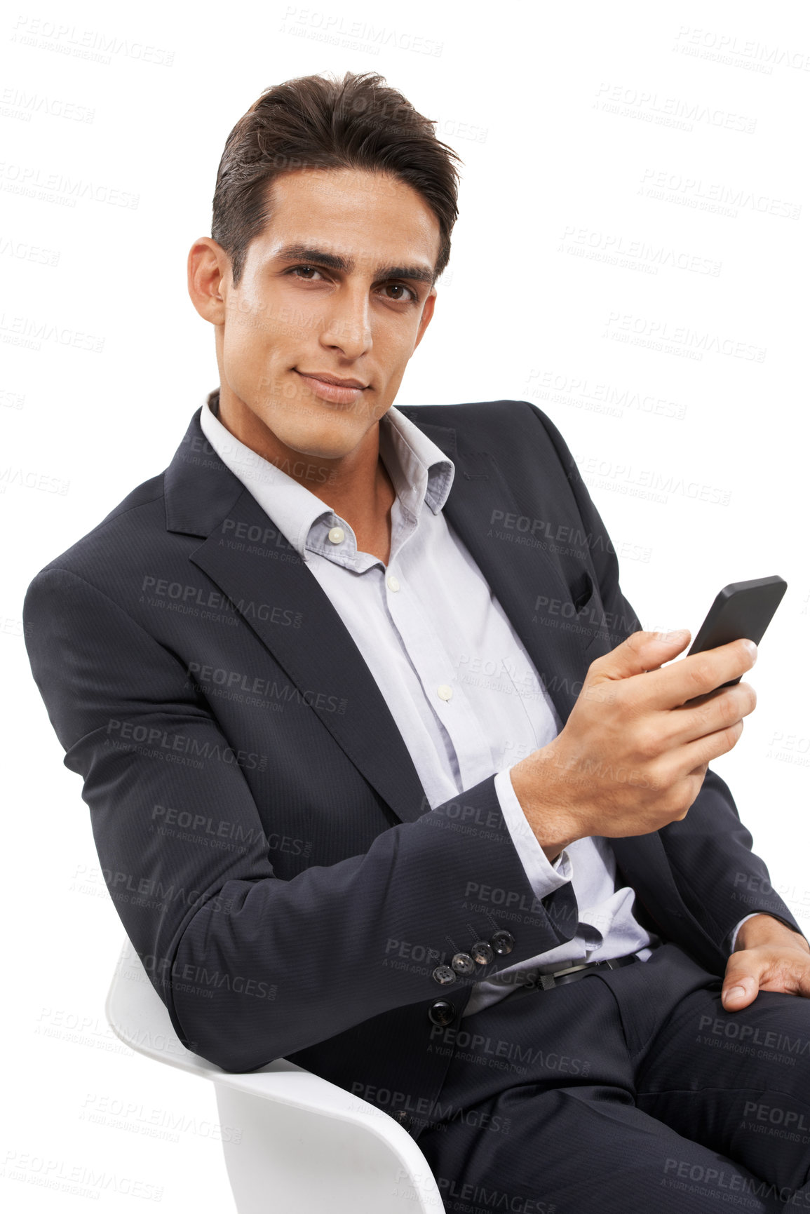 Buy stock photo Business man, phone and communication, networking and connection with smile in portrait on white background. Corporate contact, chat or email with mobile app, internet search and technology in studio