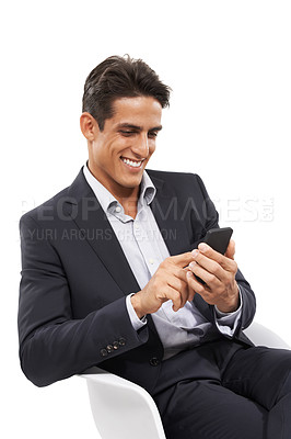 Buy stock photo Man, smartphone and business communication with email, scroll online or internet search on white background. Social media, mobile app for professional research and reading information on website