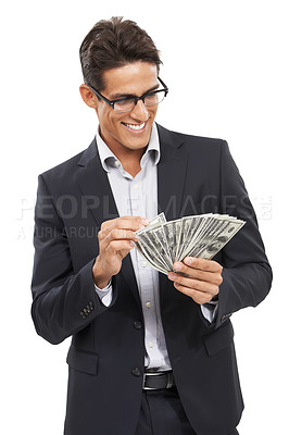 Buy stock photo Business man, money fan and investment with smile, reward or salary bonus with financial advisor for savings on white background. Accounting, corporate investor and cash in studio for finance