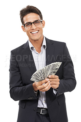 Buy stock photo Business man, cash fan and investment in portrait, reward or salary bonus with financial advisor for savings on white background. Accounting, corporate investor and money in studio for finance