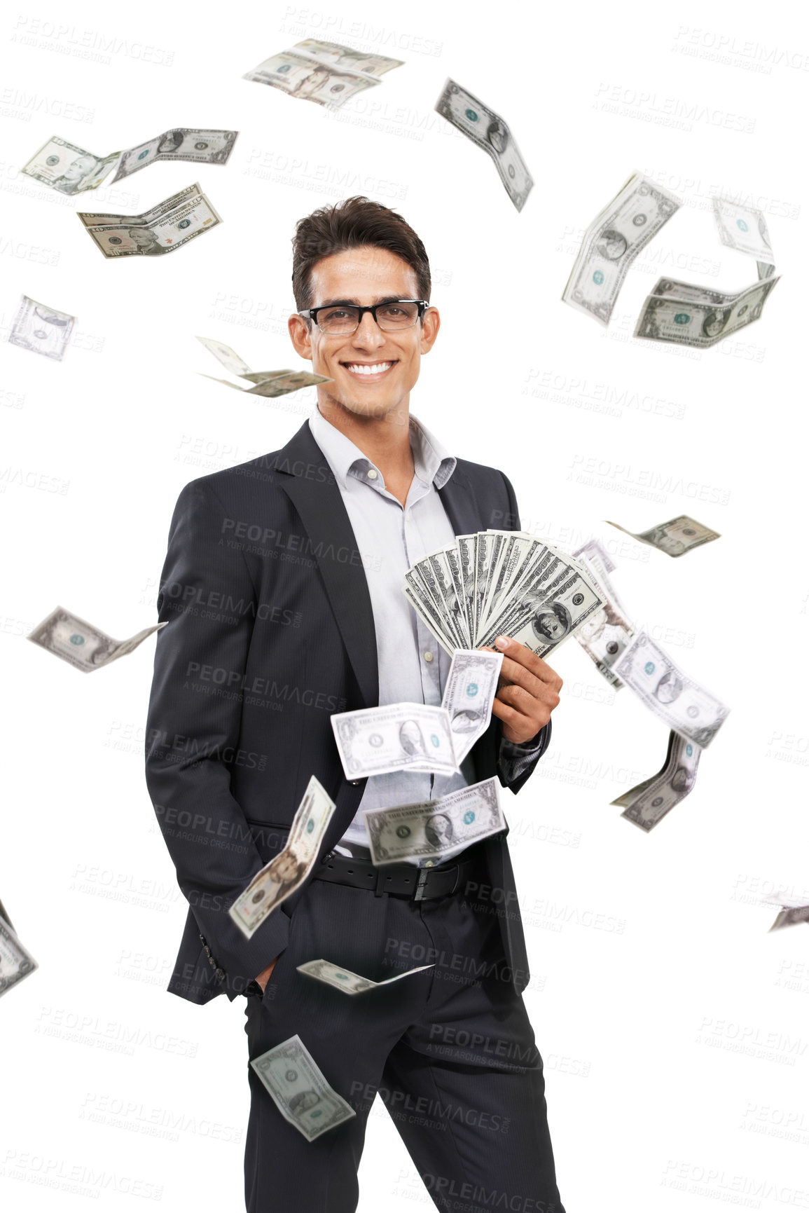 Buy stock photo Portrait of a young businessman holding cash as money falls around him