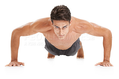 Buy stock photo Man, portrait and push up or fitness in studio, core and cardio workout for muscle development. Male person, athlete and face by white background, bodybuilding and performance challenge or exercise