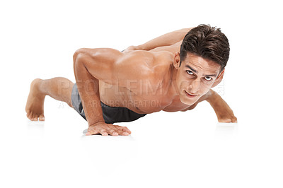 Buy stock photo Man, portrait and push up or workout in studio, core and cardio exercise for muscle development. Male person, athlete and face by white background, bodybuilding and performance challenge or fitness