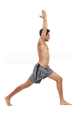 Buy stock photo Man, meditation and yoga in studio for exercise or spiritual awareness, zen and warrior pose. Male person, pilates and peace or wellness and balance or fitness, active and cardio by white background
