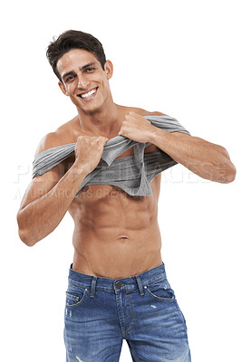 Buy stock photo Man, portrait and smiling or pride for fashion in studio, happy and style by white background. Male person, abs and strong core or muscular abdomen, confident and results or progress from fitness